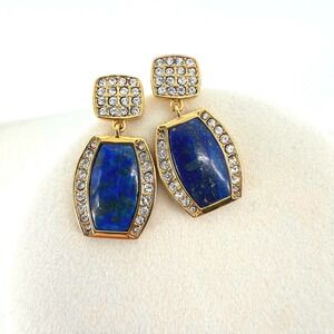 Danbury Mint Lapis Crystal Gold Tone Drop Earrings Blue Geometric Post Back
